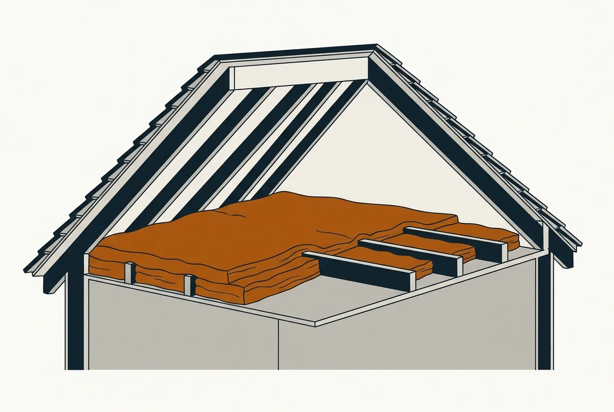 Cutaway of a roof space with insulation laid across the attic floor between the joists.