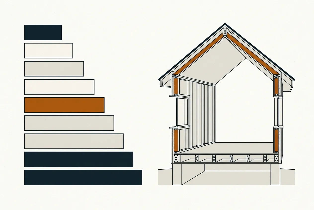 A house alongside a stepped scale of bars, one picked out, standing for an energy rating.