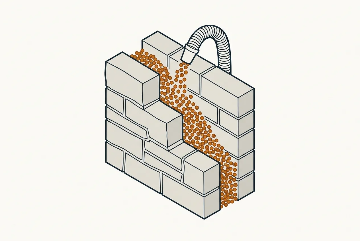 Cutaway of a cavity wall with insulation beads being blown into the gap between the two leaves.