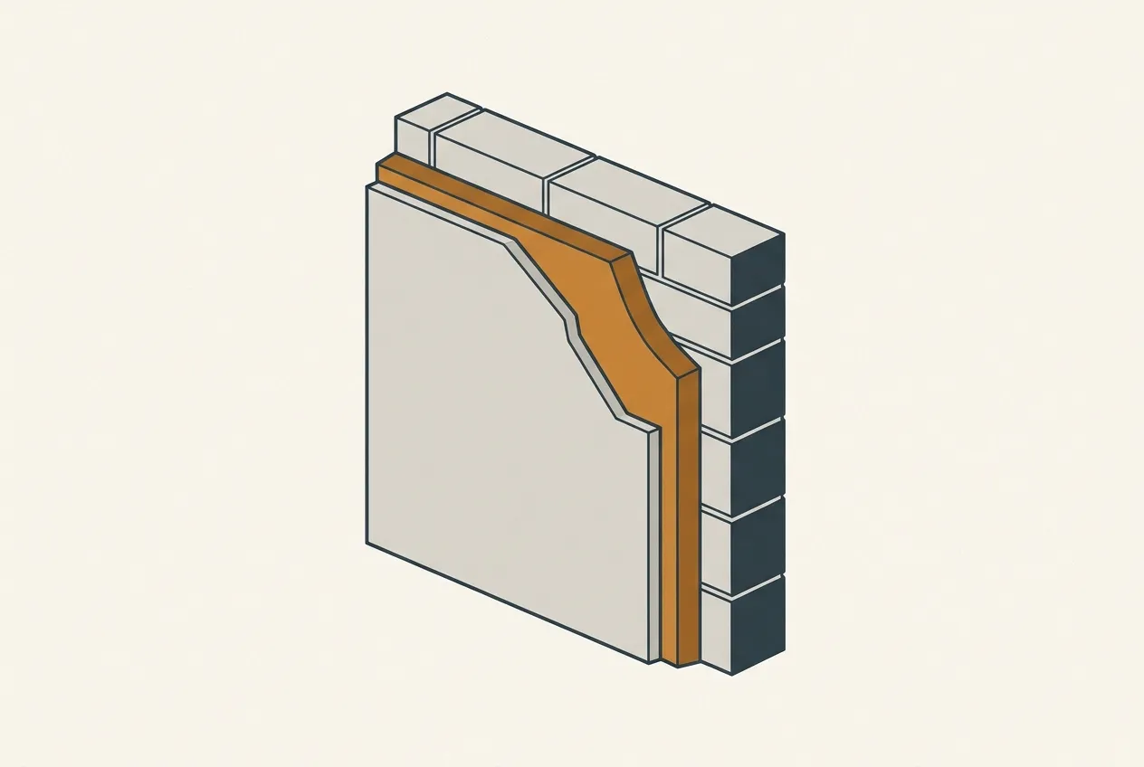Cutaway of a wall with insulation and a render coat added to its outer face, so the room side is untouched.