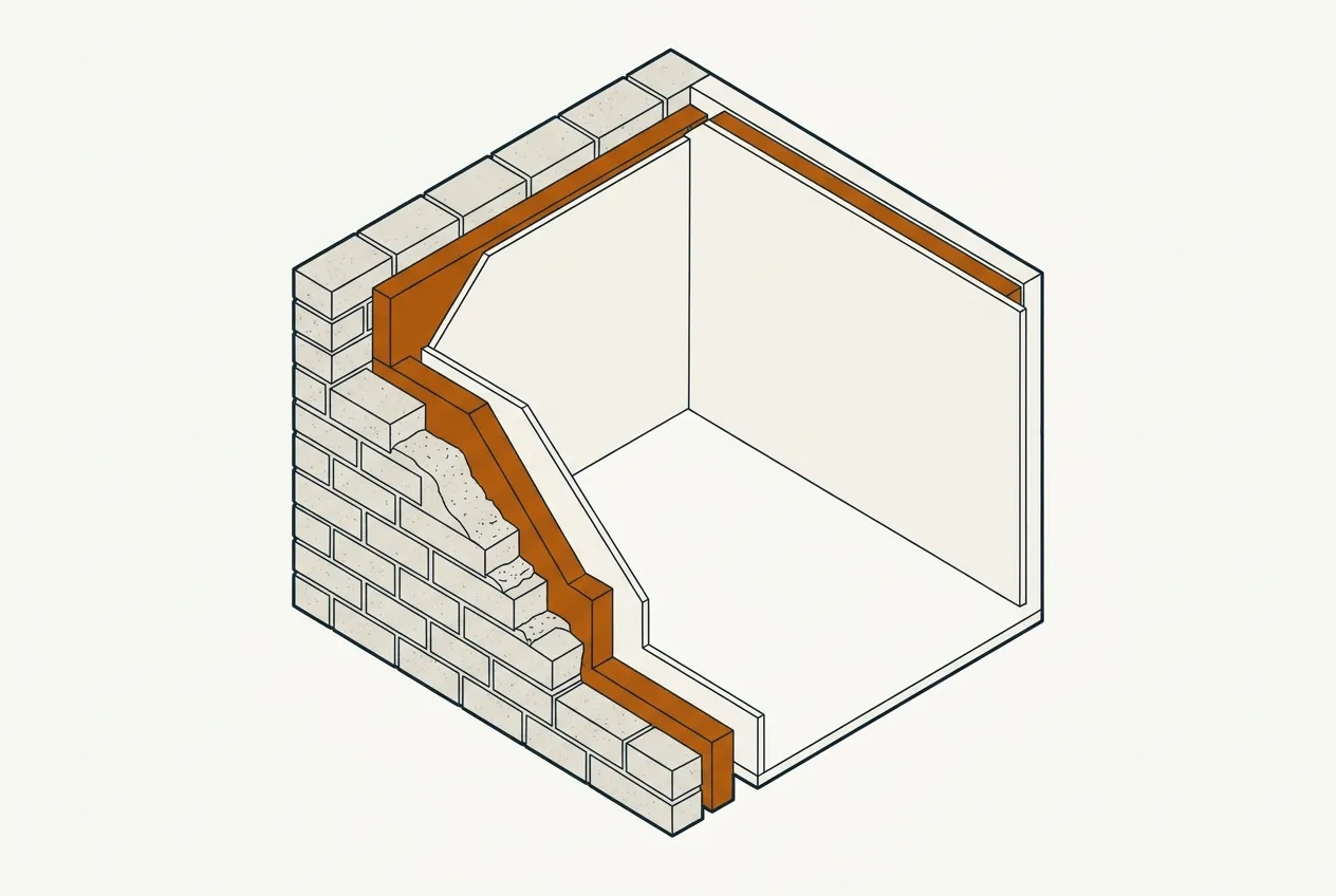Cutaway of a room corner with insulation and plasterboard added on the room side, making the room slightly smaller.