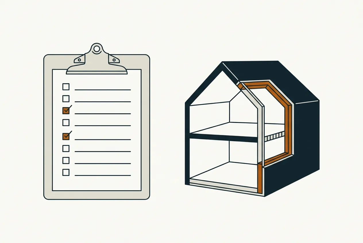 A checklist alongside a house, standing for checking a contractor against the register.