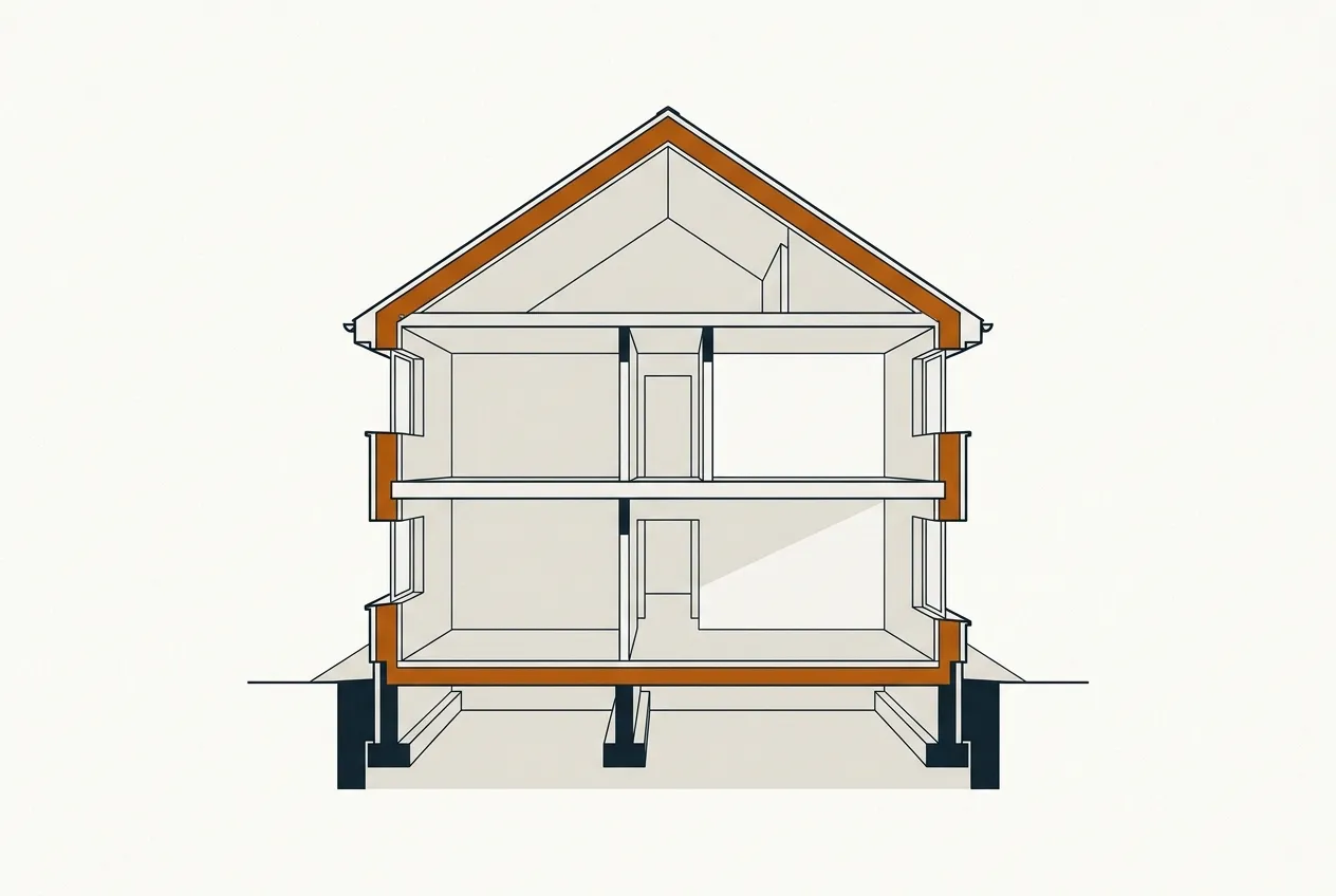 Cutaway of a whole house with a continuous layer of insulation wrapping the roof, walls and floor.